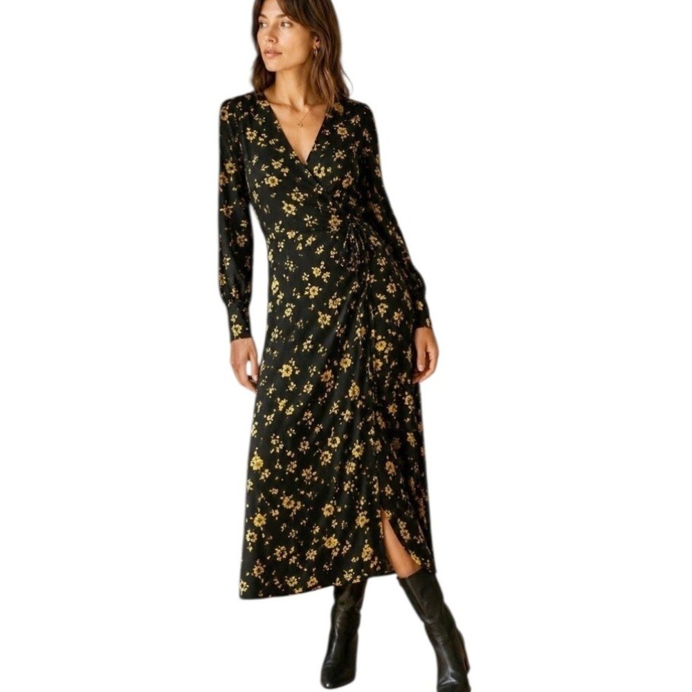 Ganni Floral Wrap Maxi Dress Sz 38 6 Black Yellow Crepe Long Sleeve V-Neck